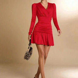 Red Elegant Women's Solid Deep V-Neck Long Sleeve Ruched Ruffle Hem Mini Dress